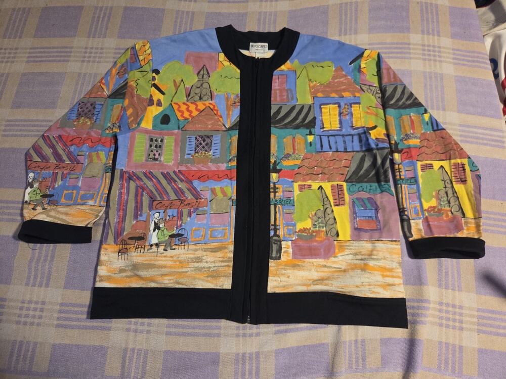 Vtg Silkscapes Jacket People City World Avant Cafe Basil Hand Painted 80s 90s